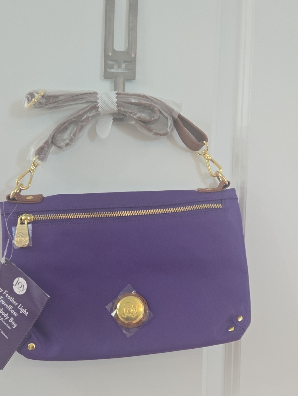 Joy Mangano Purple Crossbody Bag with Gold Hardware And RDIF Protction.
